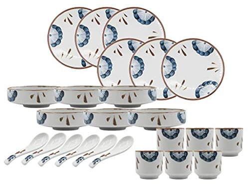 MOKLYF Service de Table, Service de Vaisselle en céramique, Service de Table rétro en Porcelaine 24 pièces pour Restaurant et réunion de Famille/Ensembles d'assiettes (