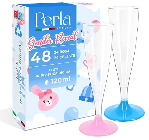 Perla, 48 Flute da Champagne Eleganti in Plastica, 120ml, 24 Trasparenti con Gambo Rosa e 24 con Gambo Celeste, Resistenti e Riutilizzabili, ideali per Gender Reveal, Baby Shower