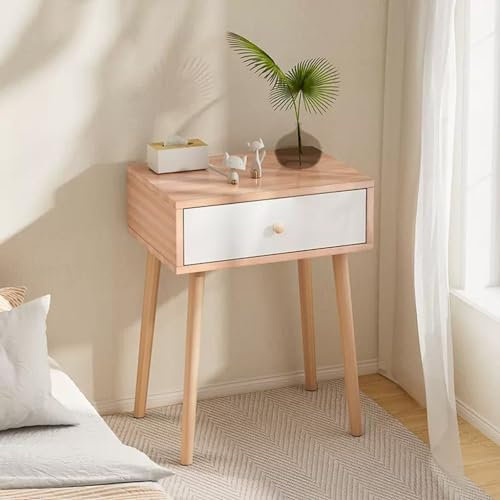 GHHDPDMJ Mesilla de Noche con cajón Blanco, mesita de Noche con Patas de Madera Maciza, Mesa Auxiliar Minimalista y práctica para Dormitorio, Sala de Estar y balcón (Color: Blanco + Color Cereza)