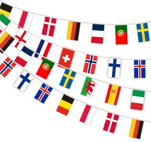 AhfuLife Europa Mujeres Women's Euro 2025 Banderas Decoración, 16 Países Banderas Pequeñas Países Europeos Liga de Fútbol Femenino Suiza Europa Visión Bar Jardín Decoración (21cm X 14cm 6,5m 2pcs