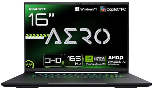 GIGABYTE Aero X16 Ordinateur Portable Gaming – 16“, 165Hz WQXGA, Ryzen AI 7 350, RTX 5070, 32Go DDR5, SSD Gen4 1To, Win 11 Home, Garantie 2 Ans, Copilot+ PC, Aero X16 1WH93FRC64AH