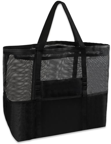 Nätstrandväska XXL familj extra stor, strandväska stor med dragkedja, strandväskor för kvinnor, shopper för kvinnor, strandväska för strand resor shopping picknick och vardag, Material: PVC, XX-L