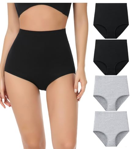 wirarpa Women's Cotton Knickers Super High waisted Briefs Ladies Underwear Full Coverage Panties Black Grey 4 Pack L