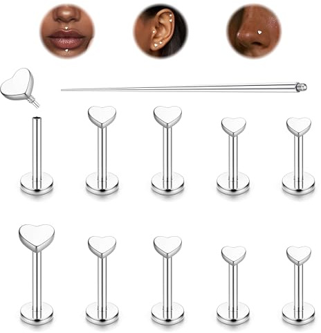 LOLIAS 10 Piezas 16G Titanio Piercing Tragus Piercing Oreja Piercing Labret Corazón Plateado Pendientes Nariz Piercing Medusa Piercing Joyería 6/7/8MM