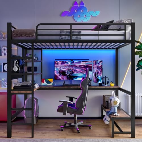 Cama alta con escritorio 90 x 200 cm, con toma USB+tipo C, cama entrepiso de 1 plaza infantil con banda LED, cama infantil con almacenamiento, superpuesta, varios estantes, con panel perforado