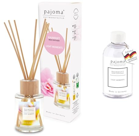 pajoma® Raumduft Light Moments 100 ml + Nachfüller 250 ml | Komplett-Set mit Rattanstäbchen | Langanhaltender Diffuser, Premium Qualität