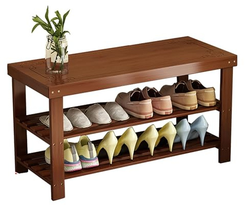 Banco zapatero de bambú de 3 niveles con taburete tallado, para entrada, pasillo, sala de estar, color nogal, dimensiones 88 x 27 x 45 cm