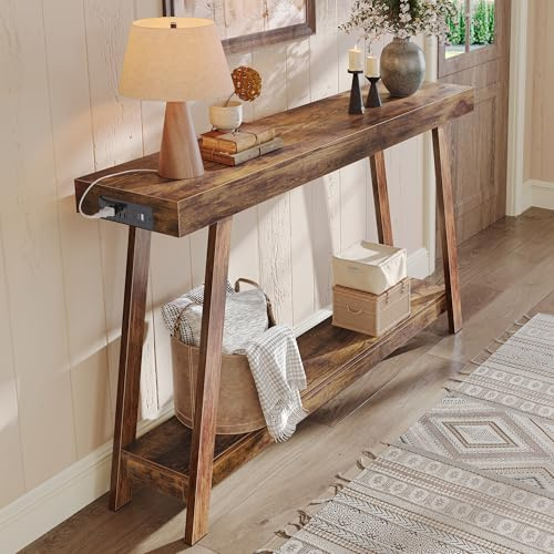 Huuger Console Table with Charging Station, USB-C Port, 2 Tiers Entryway Table, 53.9 Inch Sofa Table with Metal Legs, Entry Hallway Table with Thicker Desktop, Modern Behind Couch Table, Rustic Brown