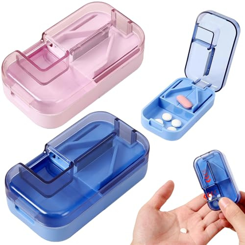 2Pcs Pill Cutter,2-in-1 Professional Pill Cutter and Box,Portable Pill Splitter for Small and Large Pills V-Shaped Cutting Auto Slides Out 1/2 1/4 1/8 Precises Tablet Cutters