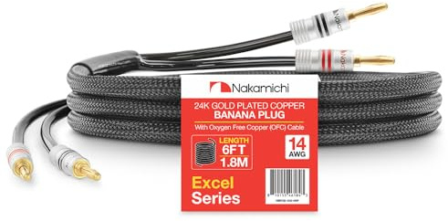 Nakamichi 24K vergoldeter Bananenstecker mit (6 Fuß) Lautsprecherkabel, 99,9% sauerstofffreies Kupfer (OFC), robustes geflochtenes Kabel, Heimkino-Verstärker - Schwarz (14AWG / 6 Fuß / 1,8 Meter)