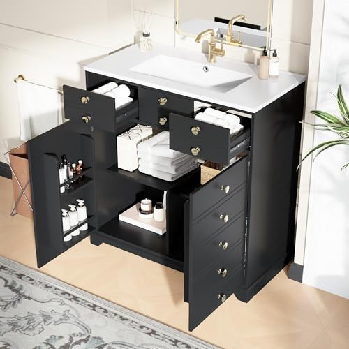 BENMWS Armadietto bagno nero con oro, con lavabo in ceramica, cassetti e armadietto, mobili da bagno moderno