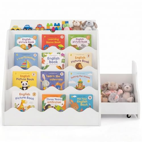 RELAX4LIFE Bücherregal Kinder, Montessori Kinderregal mit 4 Fächern, Klappplatte & Schublade auf Rollen, Spielzeugregal in Wellenform für Kinderzimmer & Spielzimmer, 63 x 49 x 61,5 cm (Weiß)