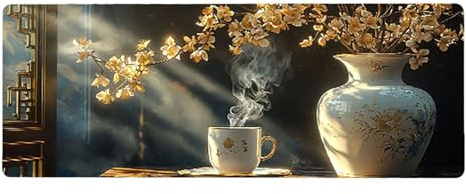 Large Mouse Mat, 30x60cmx3mm, Gaming Mouse Pad, Rubber Base, Stitched Edges, Water Resistant Easy Clean, For All Types, Extend Desktop Protection, Office Men's Gifts, Flower Tea Cup D1YY-473