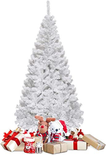 COSTWAY Sapin de Noël Artificiel 210 cm Blanc | Arbre de Noël en PVC avec Pied en Métal pour Décoration de Noël