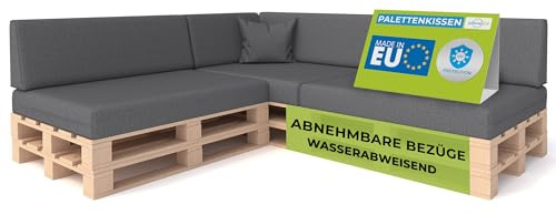 Pillows24 Palettenkissen 8er Set, Wasserabweisend & UV-fest, Waschbar | Palettenkissen Outdoor für Europaletten 120x80, abnehmbarer Bezug, Palettenuflage für Palettensofa, Made in EU, Dunkelgrau