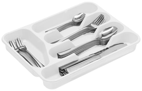 plastific Large CUTLERY TRAY Flatware Organiser Strong Plastic Drawer Sliding Tidy Rack Holder Drawer Insert Tidy Storage, 33.5 x 26.5 x 4.5 cm - Solid Base, White