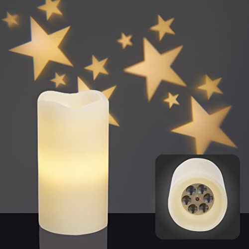 hellum LED Kerze mit Timer, Sternen Projektor mit Batterien (3xAAA) | LED Kerzen Sternenhimmel Projektor Ø8cm x 15cm hoch, als Weihnachtsbeleuchtung Deko, Echtwachs, Nachtlicht 524055