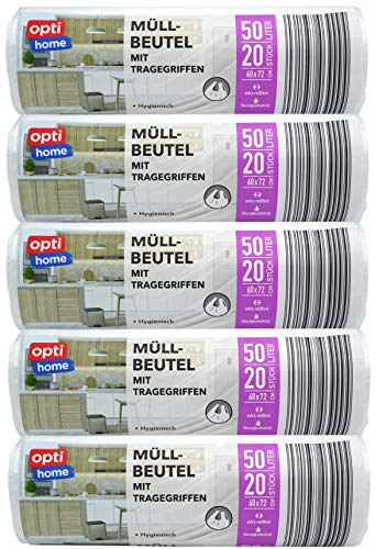 OptiHome 5 Rollen Müllbeutel mit Griff, 50 Liter, 20 Stück pro Rolle, transparent
