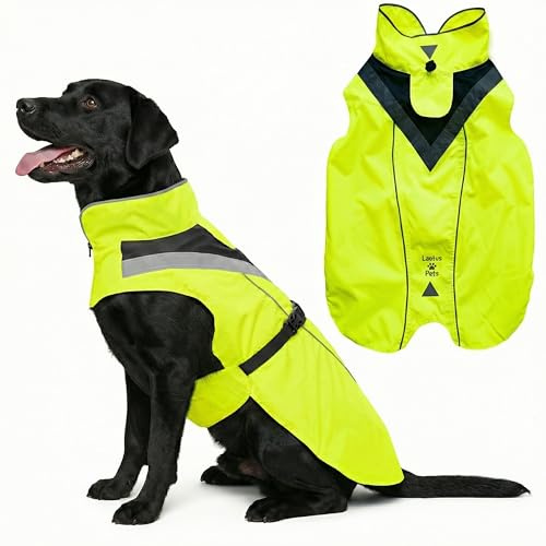 Wasserdichter Hunderegenmantel, reflektierenden Sicherheitsstreifen & Leinenöffnung – Leichte, Jacke für mittelgroße Hunde von Lautus Pets - L, Gelb | Leichte Hundejacke Mit Leinenöffnung Und Sicherheitsstreifen; Hundebekleidung & Zubehör Für Spaziergänge Bei Regen.