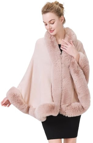 BEAUTELICATE Faux Fur Shawl Winter Wedding Wraps Bridal Bridesmaids Stole Shrug Women Knitted Cape Cardigan(One Size, Pale Pink)
