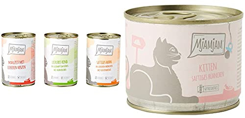 MjAMjAM - Premium Nassfutter für Katzen - Mixpaket 1 - Huhn, Rind, Herzen, 6er Pack (6 x 400 g) & Premium Nassfutter für Katzen - Kitten saftiges Hühnchen mit Lachsöl, 6er Pack (6 x 200 g)