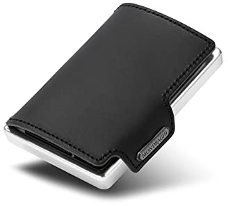 MONDRAGHI® Mini-Wallet. Ultraleichte Geldbörse mit Narbenleder. Kleiner Geldbeutel mit RFID-Schutz-Chip - Kartenetui mit Leichtmetallrahmen | Elegance Black