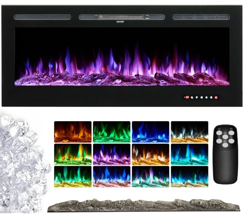 INMOZATA Wall Mounted Electric Fireplace 80inch Insert Recessed Large Media Wall Electric Fire Crystals Log Effect Flame Fire 12 LED Color with Remote Control
