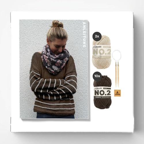 myboshi Strickset Pullover St. Louis, Strickset für Anfänger, inkl. No.2 Wolle, Nadel und Anleitung, Label, Strickpaket, 85% Baumwolle, 15% Kapok Braun, Beige, mit Rundstricknadel