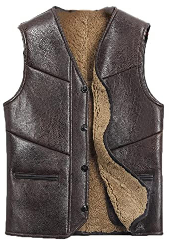 KMMBBTY Männer Schaffell Weste Winter Dicke Lederweste für Männer V-Ausschnitt Button Down Oberbekleidung Weste 1 Brown XL