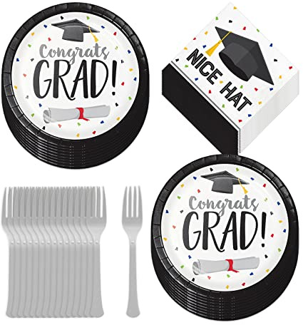HOME & HOOPLA Grad Party Supplies - Graduation Fun Paper Dinner Plates, Lunch Napkins, and Forks (Serves 16)