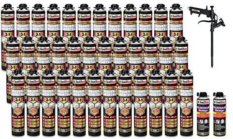 Isolbau Kit de mousse de maçonnerie - Pistolet à mousse téflon - 2 nettoyants PU - Mousse de montage - Mortier PU - 36 x 750 ml