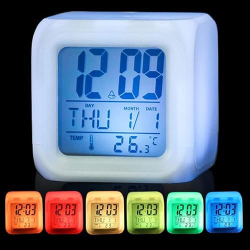 EHOTER Réveil numérique avec lumière LED - 7 couleurs - Réveil - Date - Température - Fonction snooze - Mignon coloré - Carré lumineux - Petite veilleuse de chevet pour enfants, tout-petits et adultes
