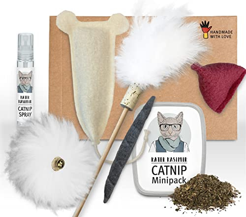 Kater Kasimir Lot de jouets pour chat de qualité supérieure avec plumes, souris de jeu XL, herbe à chat, coussin de valériane et tétons