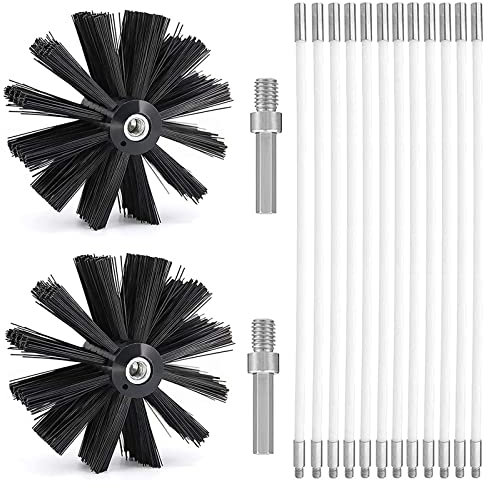Kaminbürste Stange Set, Durchmesser 150mm Ofenrohrbürste, Schornsteinbürste Trockenrohr Kaminreinigungsstab Reinigungsbürste Kaminbürste enthält 12 Flexible Stangen 410mm, 2 Bürstenkopf Holzofen