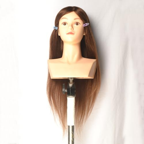 22 Zoll 100% Echthaar Schaufensterpuppe Kopf Schaufensterpuppe Kosmetologie Köpfe Praktische Flechten Styling Training Färben Bleichen Färben Curling Locken Schneiden Hochsteckfrisuren (Dunkelbraun)