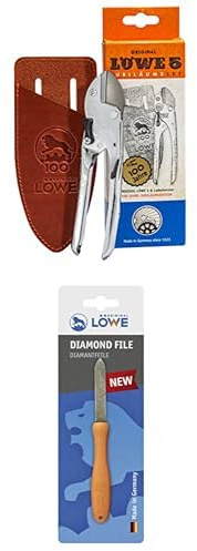 Original LÖWE Set bestehend aus Jubiläumsedition Garten Amboss Schere 5.100 mit handgefertigtem Lederholster & Diamantfeile 0023 für Scheren, Äxte und Werkzeuge