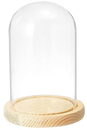 PATIKIL 6.3x3.9 Clear Cloche Glass Dome, Glass Bell Jar Display Case Tabletop Centerpiece with Wooden Base for Plants Home Decor