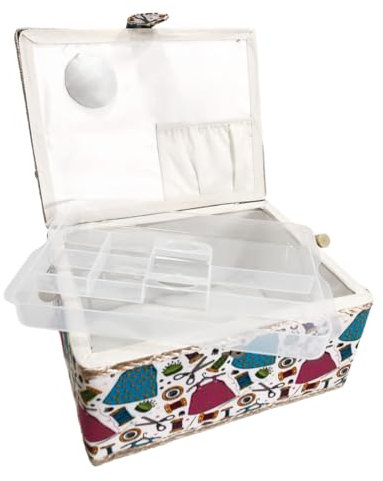 Media borsa da cucito in legno vuoto, scatola da cucito foderata in tessuto con 4 scomparti, organizer con spillo, scatola di immagazzinaggio con maniglia, vassoio per accessori, (media, fili)