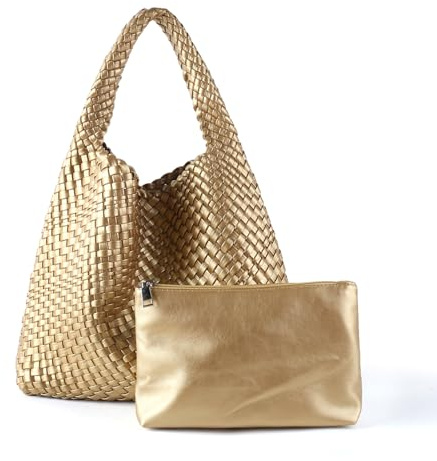 Gewebte Hobo-Tasche für Damen, veganes Leder, Schultertasche, Tragegriff oben, Goldfarben, Large