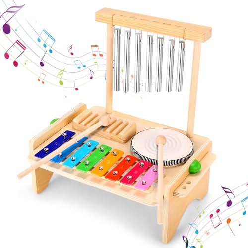 LEWONPO Kids Drum Set for Toddlers, Baby Drum Set Montessori Musical Instruments Toys, Toddler Drum Set Wooden Xylophone Musical Toys Birthday for Children Boys and Girls
