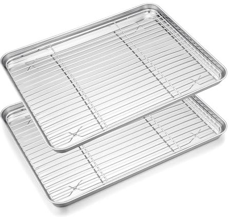 HaWare Baking Tray with Rack Set, 40 x 30 x 2.5cm Stainless Steel Large Oven Cookie Sheet Pan with Cooling Rack for Roasting/Cooking/Drying, Mirror Finish & Dishwasher Safe - 4 Pack (2 Trays+2 Racks)