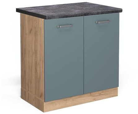 Vicco Spülenunterschrank R-Line, Blau-Grau, 80 cm | 2 Türen · AP Anthrazit inkl. · Höhenverstellbare Füße · Großer Innenraum ✓ · ✓ Frei kombinierbar