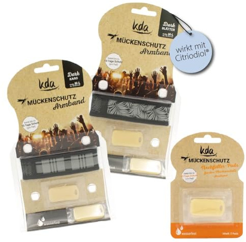kda Mückenschutz Armband Sparset - 2 Armbänder mit gratis Nachfüller - Nachfüllpack Mückenarmband Sommer Sonne Camping (Karo-Blätter)