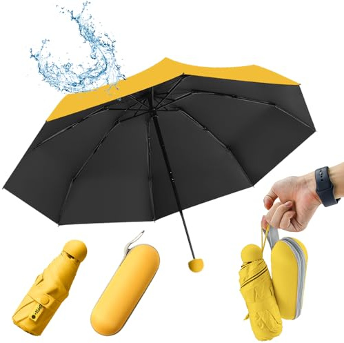 SLTAXAR Mini Paraguas con Estuche, Paraguas Plegable Pequeño con 8 Varillas, Paragua de Bolsillo para Mujer y Hombre, Paragua Compacto Portátil para Sol y Lluvia (Amarillo limón)