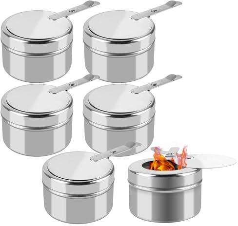 Pack of 6 Fuel Paste Containers with Bayonet Closure, Portable Fondue Burner, Stainless Steel Paste Burner, Mini Alcohol Cooker, Stainless Steel Burner Holder, Container for Fondue Food Warmer or