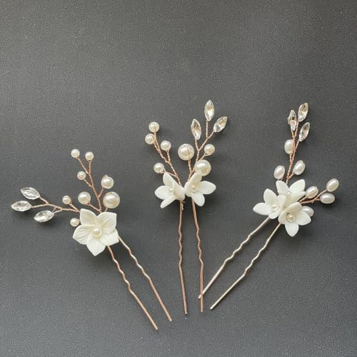 3 Stück Damen Hochzeit Haarschmuck Frauen Perlen Kristall Blumen U-förmig Haarnadel Kopfschmuck Haarklammer Hairpin Haarspangen Kopfbedeckung für Hochzeit Party Braut und Brautjungfer,Roségold