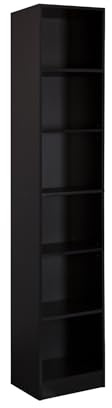 Rebecca Mobili Slim Bookcase, Tall and Narrow Shelf, Black, Chipboard, with 6 Compartments, with Anti-Tip, for Books Plants - Dimensions HxWxD: 200 x 40 x 29.5 cm - Art. RE7117