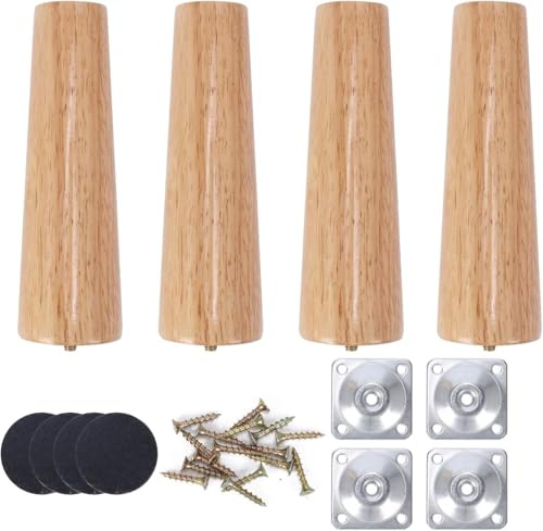 Luabue 4 Stück Holz Tischbeine Möbelfüße 20cm Rund Holzfüße Möbelbeine | Massivholz Sofafüße Holzfarbe für Bett Stuhl Tisch Möbel Sofa Schrank Couch mit Montageplatten & Schrauben