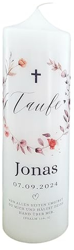 Taufkerze Pastell Blumen - Jonas - Blätter Beige Blumenkranz Natur für Mädchen und Jungen, mit Name, Datum und Spruch