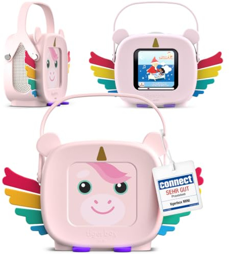 tigermedia Tigerbox Mini - Kit de iniciación Elphi Unicornio para niños con limitación de volumen, estéreo, rueda de ajuste, conector jack, funda de transporte, color rosa, incluye 4 semanas de acceso